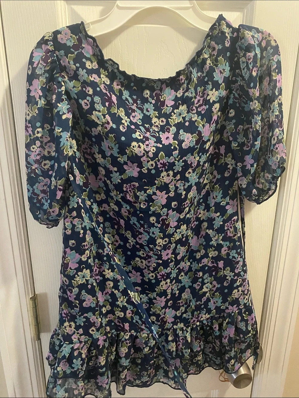 Kids Floral Casual Dress - Navy with Purple & Light Blue Flowers